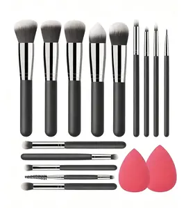 14-Piece Travel Makeup Brush Set, Advanced Synthetic Fiber Brushes, Soft Skin-Friendly, Ideal for Base Makeup, Concealer, Powder (Black)