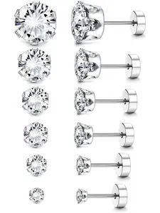 6 Pairs for Women Men Flat Back Earrings Stainless Steel Cubic Zirconia Earrings Studs Hypoallergenic Flat Back Cartilage Earrings Piercing Durable Lightweight Trendy