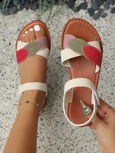 Soft Non-slip Color-block Leaf Elegant Sandals, Magic Tape One-strap Design, Wide Feet Friendly Summer Vacation-style Flat Sandals