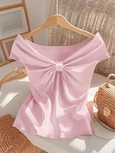 Elegant One-Shoulder Sweetheart Neckline Butterfly Knot off Shoulder Short Sleeve Fitted Knit Top, Unique Style Aesthetic Chic Women's Fashion Tee