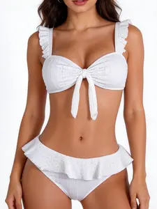 Aidonger SummerVibes  High Waisted Bikini Set for Women Ribbed Eyelet 2 Piece Swimsuit Tummy Control Ruffle Trim Tie Front Bathing Suit