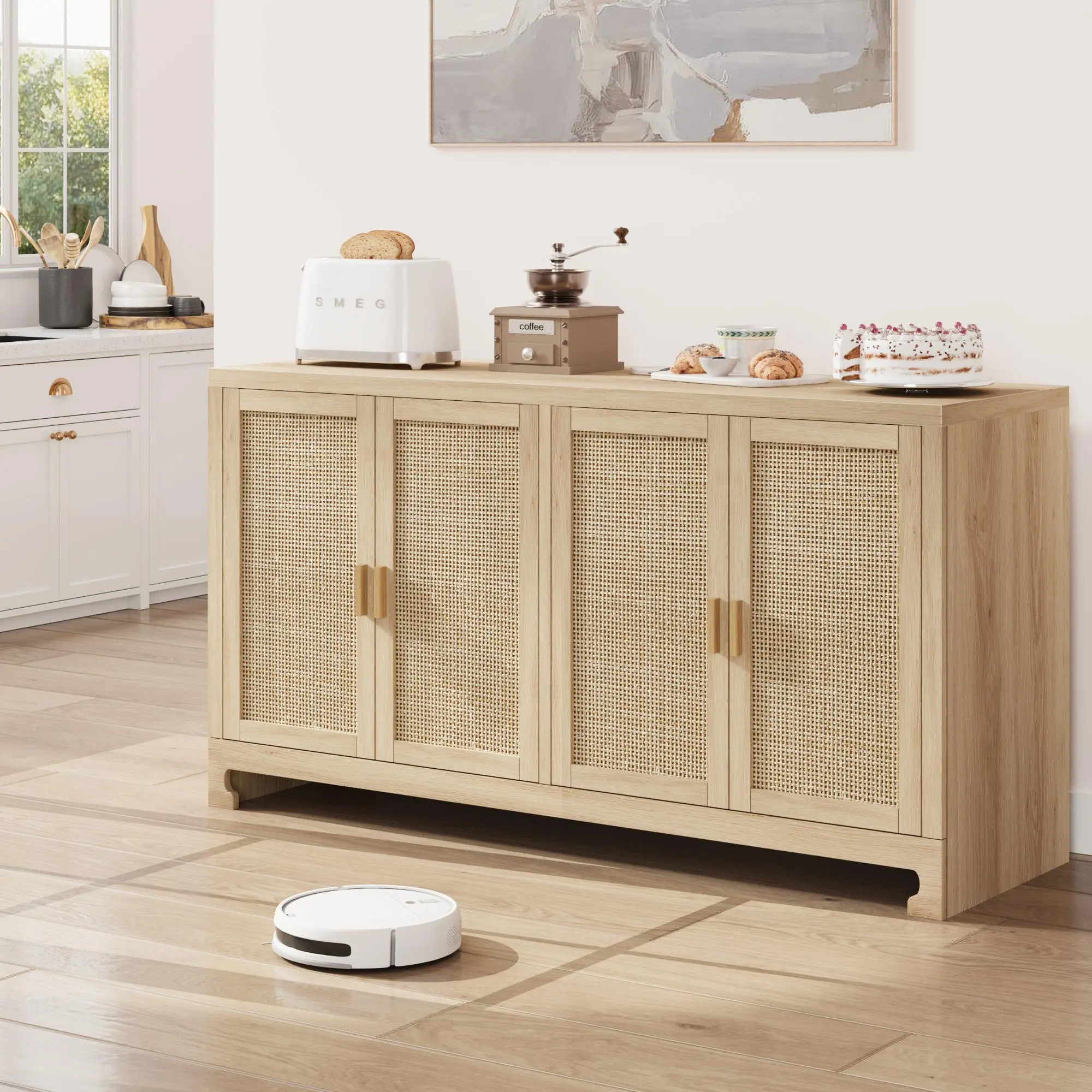 Yellow WhizMax 62-Inch Rattan Storage Cabinet with Doors and Shelves