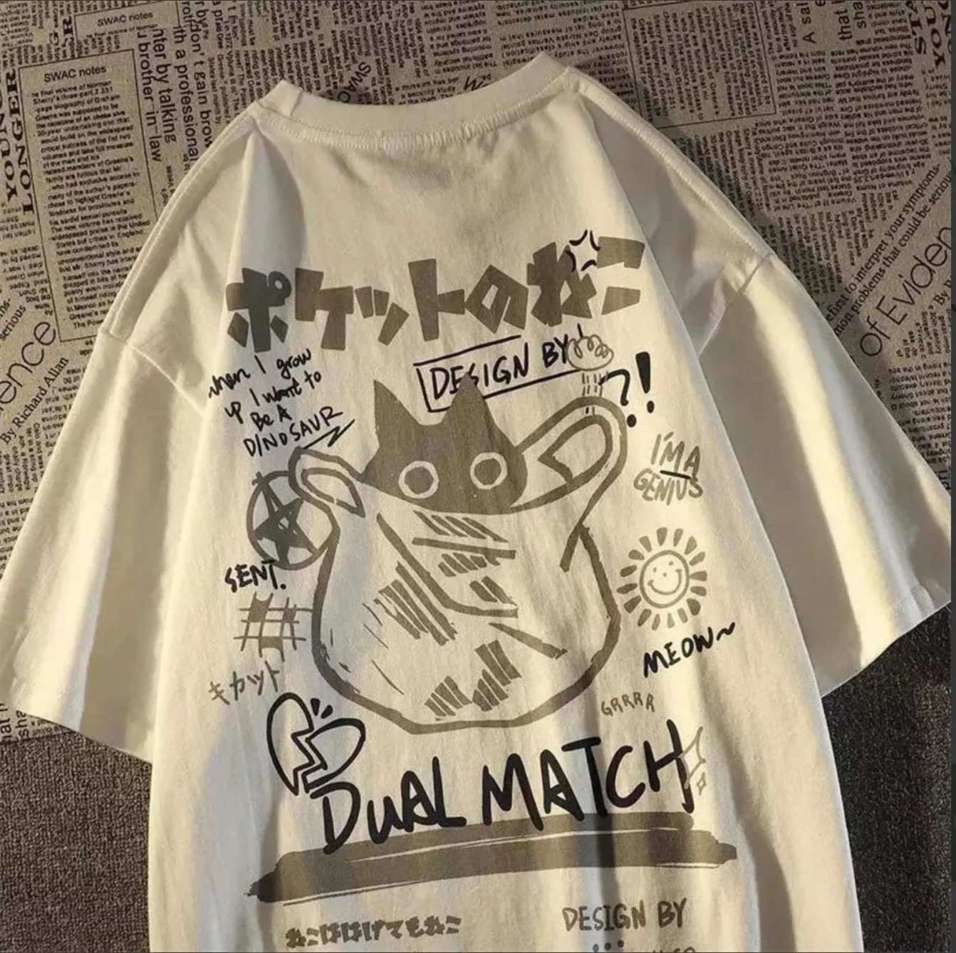 Dual Match Cat Harajuku Oversized Shirt.. Streetwear Shirts.. Cat Design Shirts.. Casual Comfort