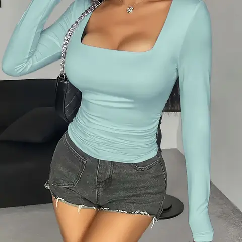 New Spring Autumn Women's Sexy Simple Square Neck Long Sleeve Knit Pullover, Comfortable Slim Fit Fitted Casual Fashion Top, Knitwear, Soft Casual Knitwear, Knitwear Tops, Womenswear