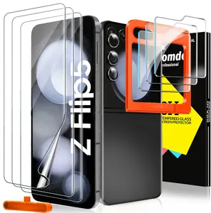 [9 in 1] for Samsung Galaxy Z Flip 5 Screen Protector, 3 Pack Inner Screen Flexible Film + 3 Pack Tempered Glass Back Screen Protector + 3 Pack Camera Protector with Easy Installation Frame