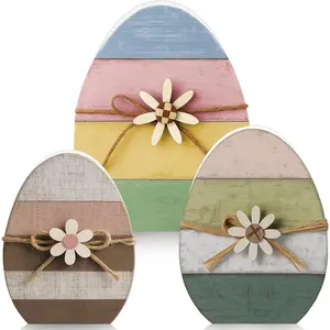 Threan 3 Pcs Easter Table Decoration Easter Egg Table Wooden Signs Spring Egg Wood Tabletop Centerpiece Decorations for Home Dining Room Party Office Decor