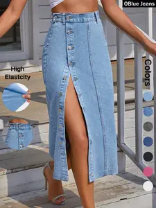 OBlue Jeans Women's  Button Front Light Wash Denim Skirt, Casual Fashion Fitted Skirt for Daily Wear, Ladies Bottoms for All Seasons, T-Chic