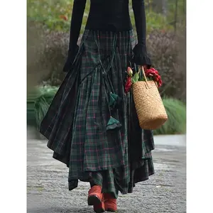 LimitedEditionRetroIrregularLoosePlaidTasselWaistSkirtRuffleMidiSkirtWomenswearBottom