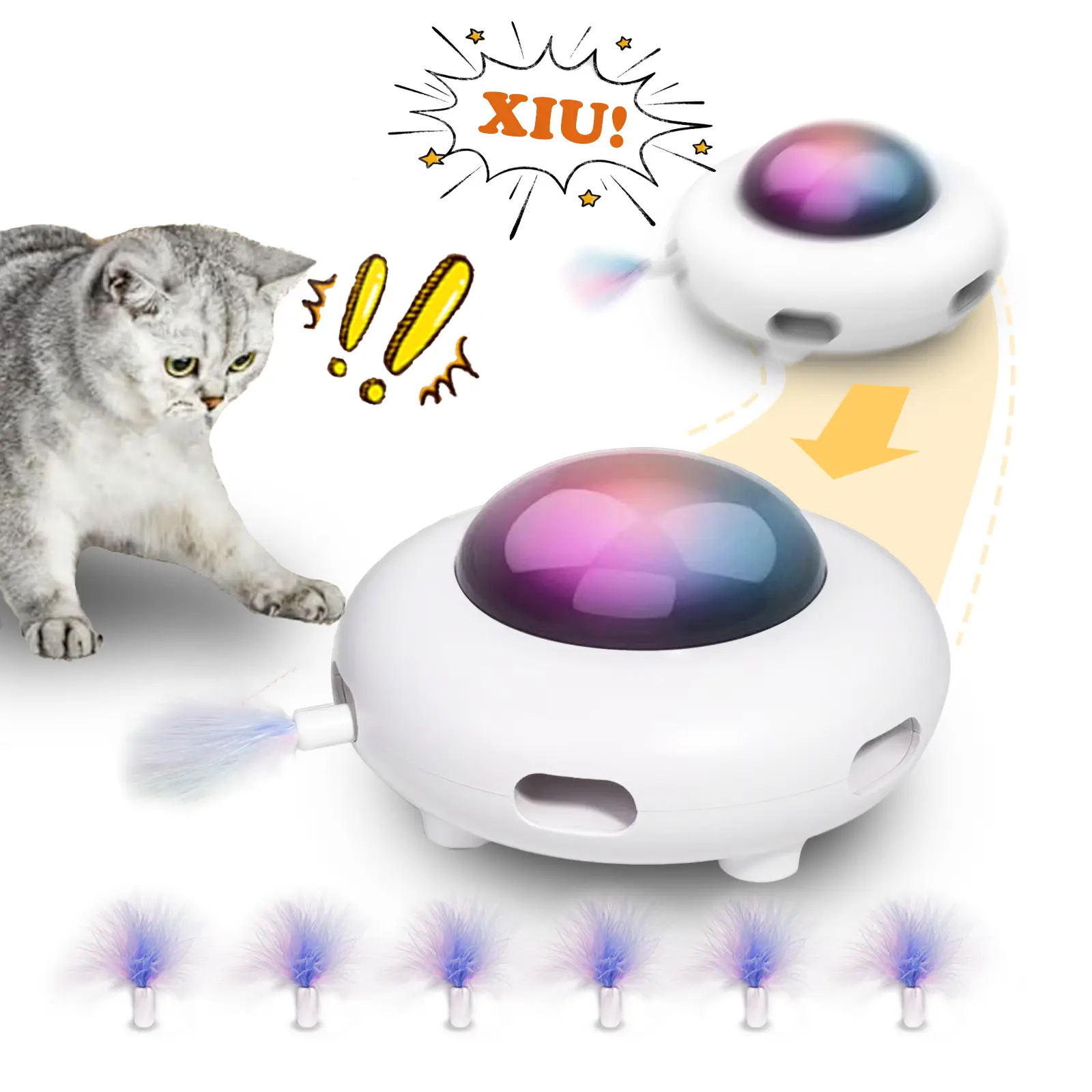 "cat toy，Automatic Kitten Toy，Moving Feather Toys for All Breeds，USB Charge Automatic Kitten Toys,White，double the fuun for your cat -UFO"