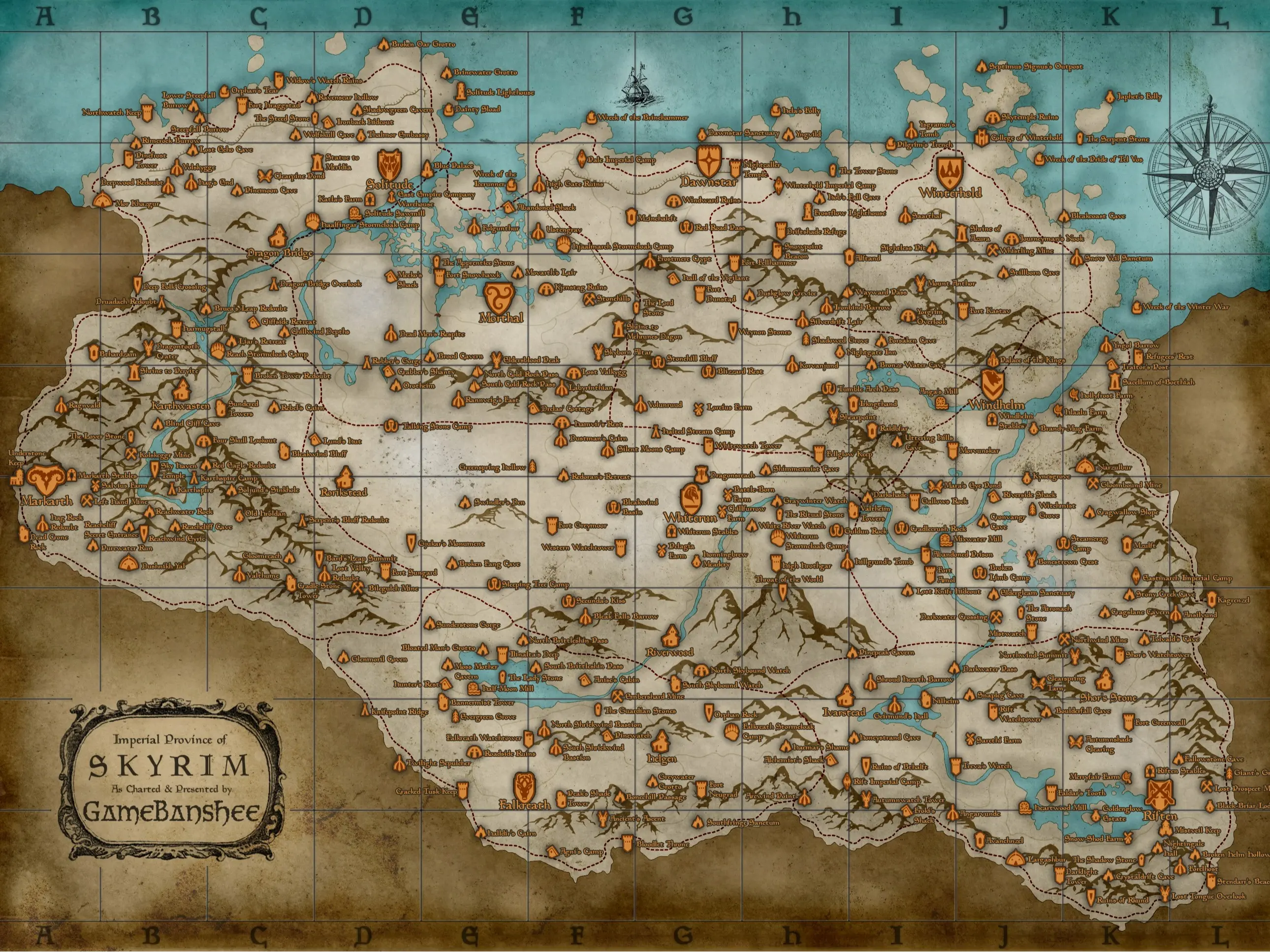 [Sale up to 45%] Skyrim The Elder Scrolls V Poster - Illustrated Map Game Poster, Skyrim Map The Elder Scrolls Video Game Posters Decor Photo
