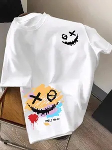 Men's Cartoon Smile Face & Letter Print Short Sleeve Tee, Regular Fit Casual Round Neck T-shirt for Summer, Men's Top for Daily Wear