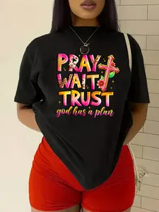 Plus Size, Women'S Plus Size Easter "Pray Wait Trust" Religious T-Shirt - Bright Red Faith-Based Tee with Floral Cross Design, Medium Stretch Everyday Church Outfit, Machine Washable Christian Apparel for Women (1XL-5XL) - Spring/Fall/Summer Casual Top, S