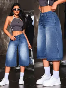 Women's Summer Casual High Waist Wide Leg Denim Jeans, Vintage Wash Loose Seven-Quarter Jeans, Fashionable Comfort Design Bottom