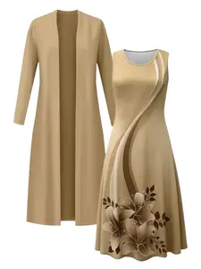 2-piece set, vest style dress+long sleeved jacket cardigan, women's fashionable dress set, floral print dress cardigan top paired with waist cinching long skirt 2-piece set, elegant temperament, suitable for work commuting&party wear