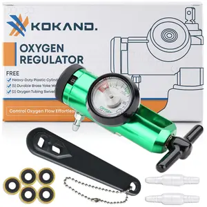 KOKAND Oxygen Regulator 0-15LPM - Oxygen Tank Regulator with Gauge, CGA-870 Fitting - Includes Wrench Key, 5 Brass Yoke Washer Seals, and 2 Tubing Swivel Connectors - O2 Flow Meter - Green