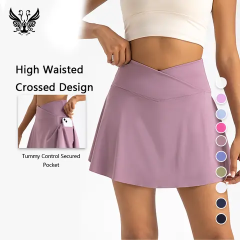 Yizhen Sports Unisex High-Waist Crossover Active Skort - Tennis Attire, Above-the-Knee, Elastic Breathable Quick-Dry Solid Fabric, Hands-Free Pockets, 13 Vibrant Colors, Elegant & Functional Design, Golf/Workout/Casual, Multi-Size