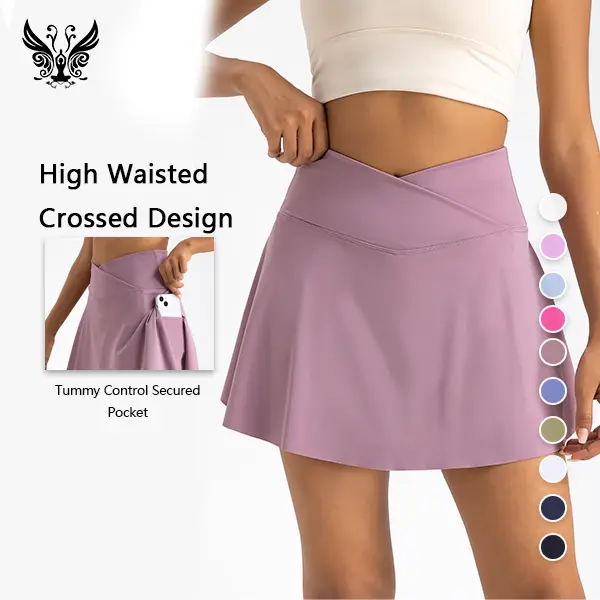 Yizhen Sports Multi-Size Crossover High-Waist Active Skort - Casual Sporty Skort, Tennis Attire, Mini Skirt with Shorts & Pockets, Elastic Breathable Fabric, Solid Color for Tennis, Golf, Casual Wear