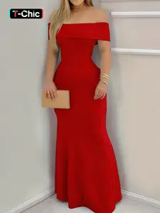 1 piece mature women's luxury solid color off-shoulder Formal evening dress