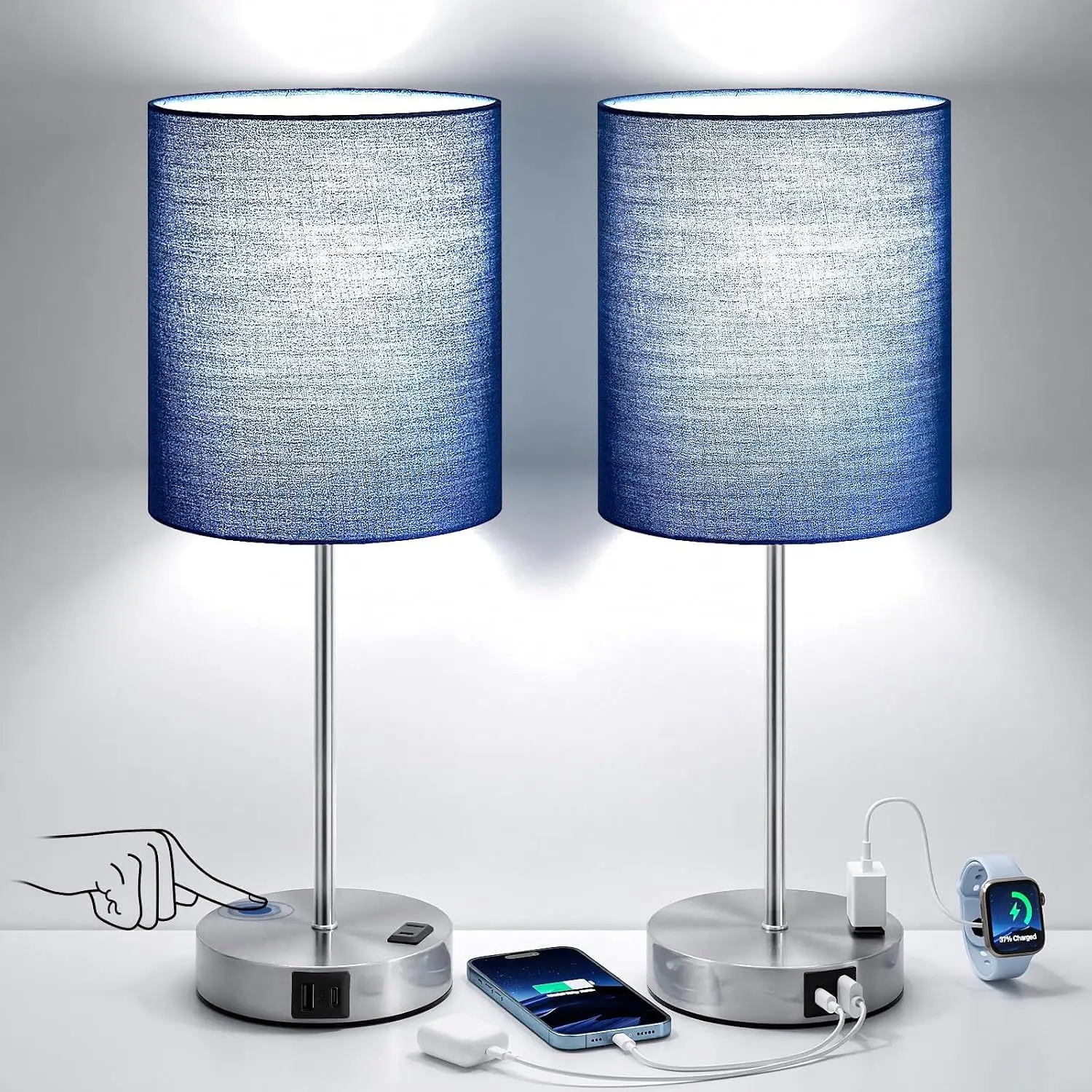 Lamps for Bedroom Set of 2 - Dimmable, USB C+A, AC Outlet