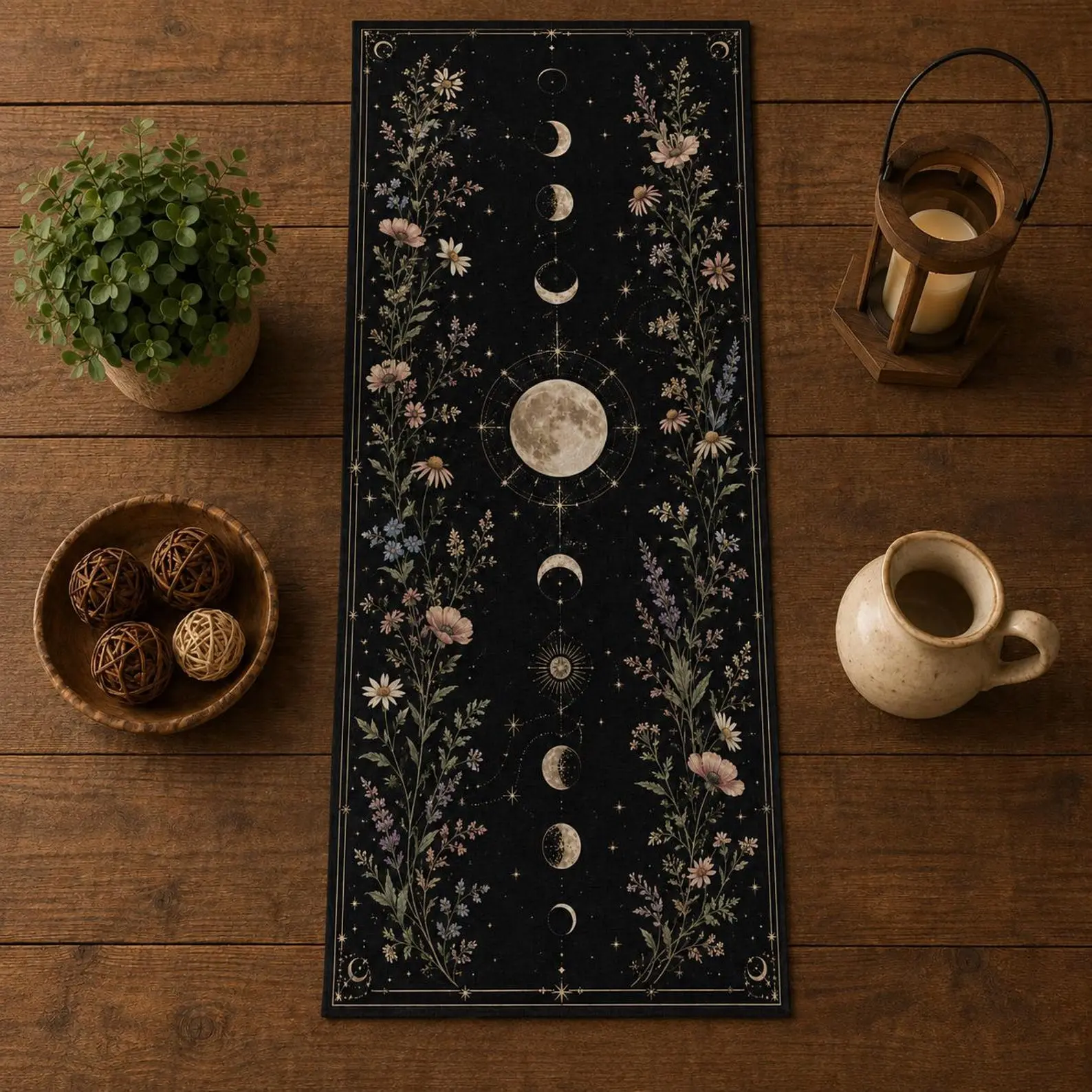 Moon Phase Floral Table Runner, Gothic Celestial Wildflower Decor for Dining Room, Kitchen Coffee Table Dresser Scarves