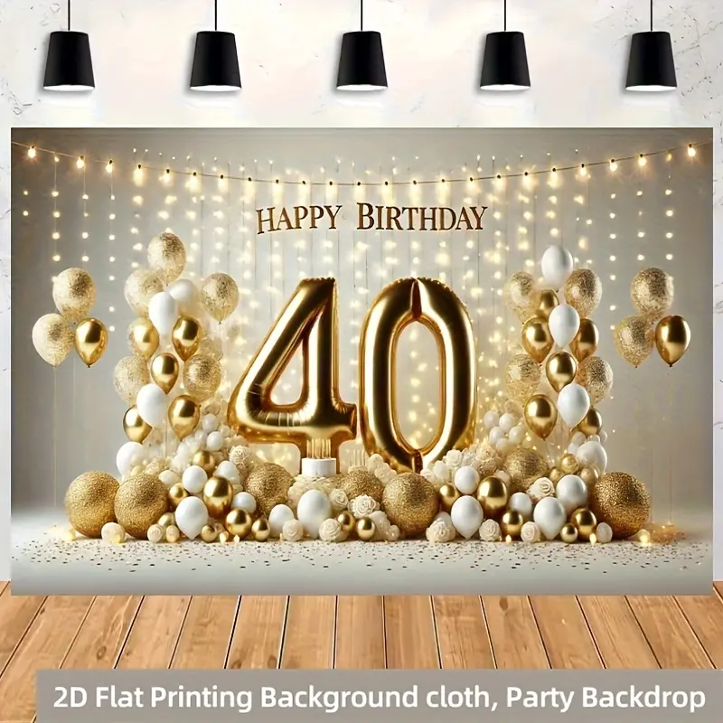 2D Flat, 1pc Elegant Golden & White 40th Birthday Party Backdrop with Balloons & Lights - Polyester Photography Background Cloth, No Power Needed, Perfect for Home, Garden, or Yard Celebrations Banners