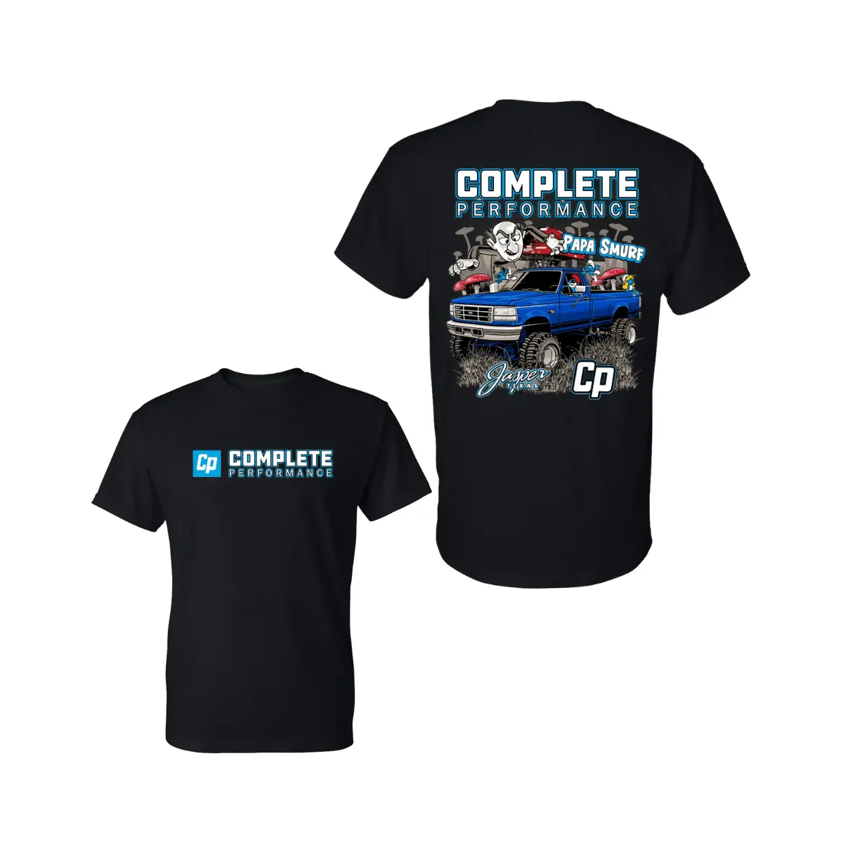 Complete Performance Papa Smurf T Shirt 2 Sides Graphic Tee, Blue Lifted Truck with Cartoon Character Artwork, Soft Cotton Blend T Shirt, Automotive Streetwear for Men & Women, Gift for Truck Enthusiasts