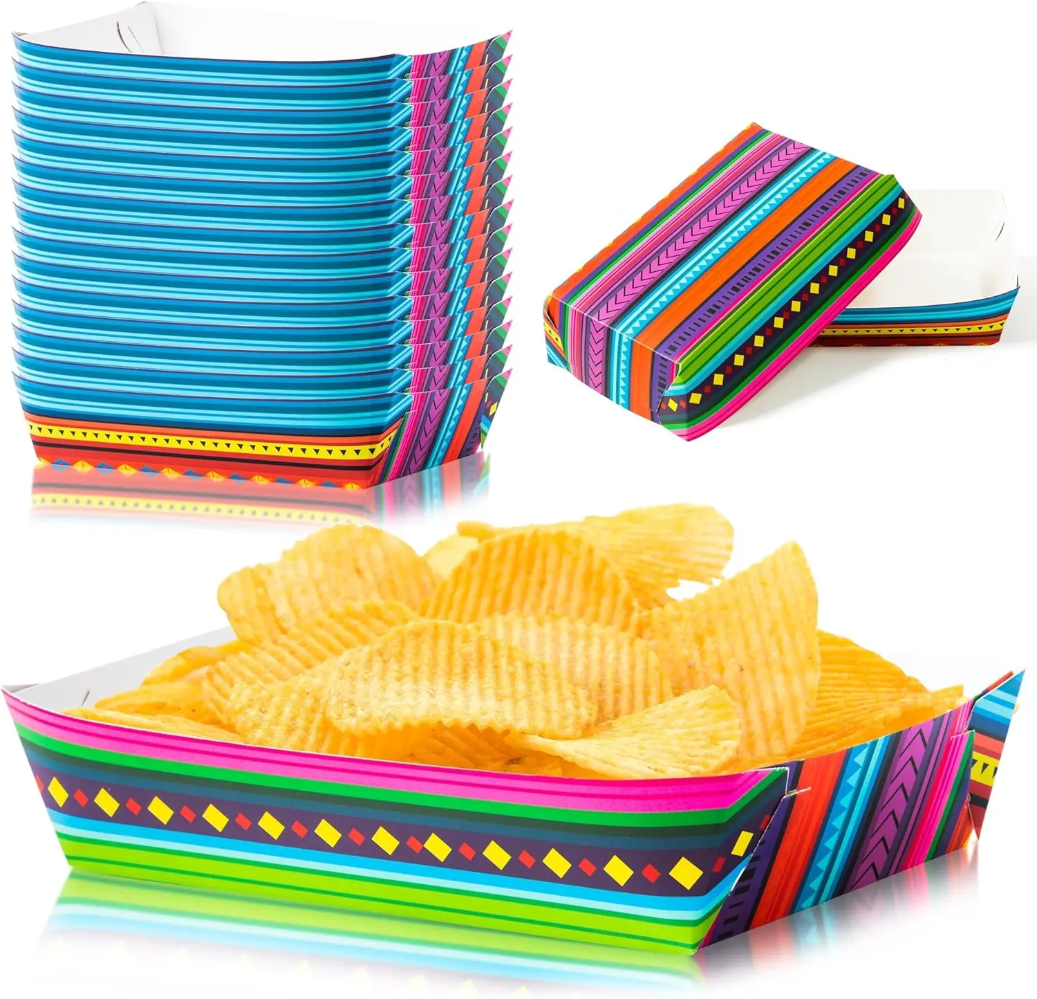 Sturdy Disposable Paper Mexican Taco-Nacho Popcorn Trays, 50-Count Snack Candy Holders, Birthday Carnival Party Containers, Concession Stand Festive Home Supplies, Default