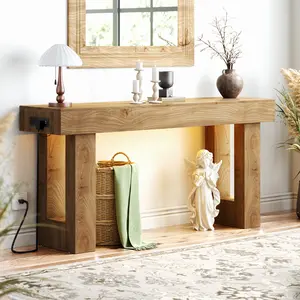 Homieasy 63'' Farmhouse Console Table with Power Outlets and Sensor Light, Wooden Entryway Table with Storage, Rectangular Sofa Tables Behind The Couch for Entrance, Hallway, Living Room entryway table