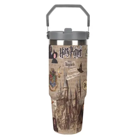 Harry Potter Hogwarts 30oz Travel Tumbler, Vintage Book Page Castle Print, Stainless Steel Vacuum Material, Portable Water Cup, Exclusive Gift for Wizard Fans