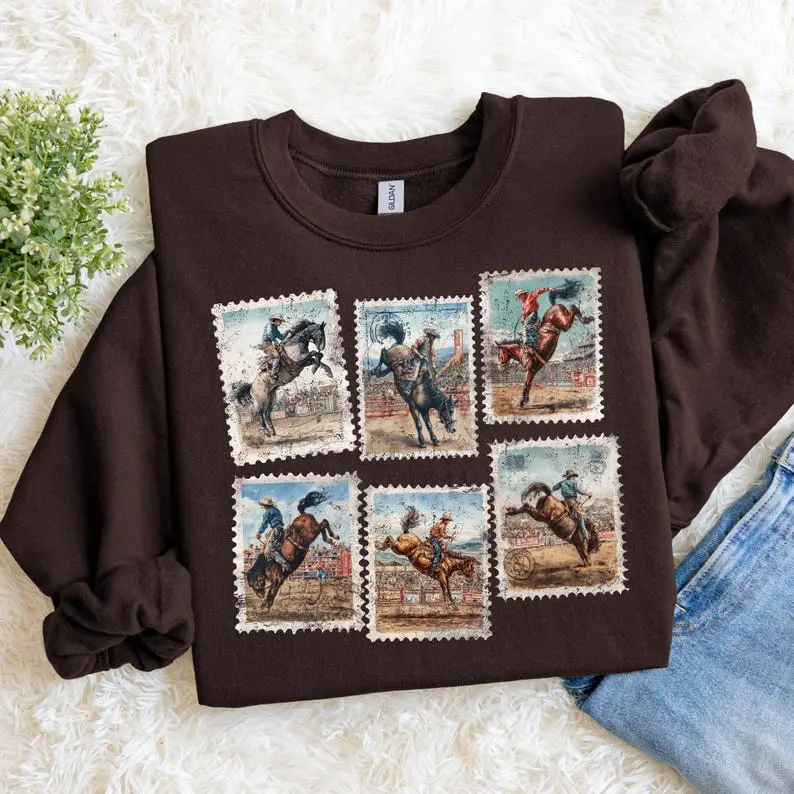 Rodeo Sweatshirt Bucking Horse, Western Cowboy Crewneck, Vintage Rodeo Stamp Sweater, Country Cowgirl Sweatshirt, Rustic Western Gift