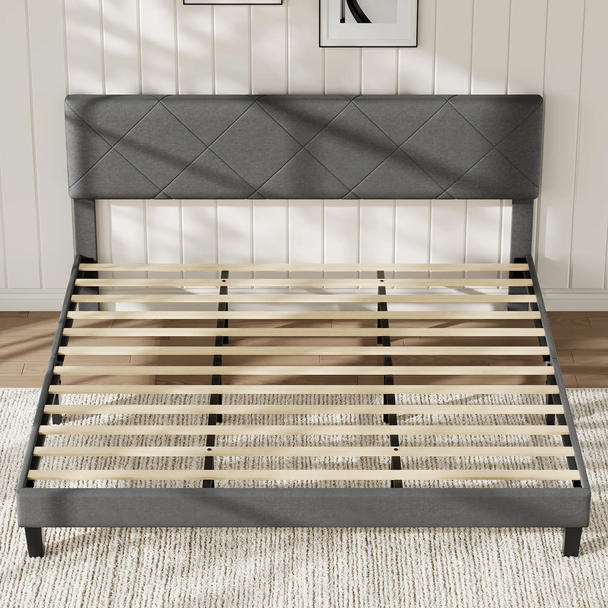 Dark Gray Upholstered Bed Frame with Diamond Quilted Headboard and Wooden Slats Platform, No Box Spring Needed Noise Free Easy Assembly