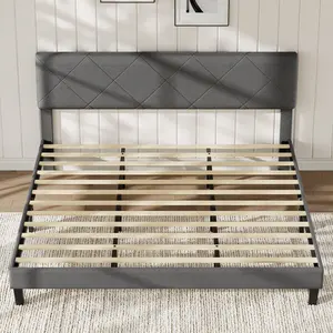 Dark Gray Upholstered Bed Frame with Diamond Quilted Headboard and Wooden Slats Platform, No Box Spring Needed Noise Free Easy Assembly