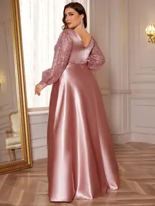 Plus Size Luxury Elegant Champagne V-Neck Sequin Evening Dress Women's Party Long Sleeve Prom Cocktail Dress Plus Size Dress Plus Size Women Formal Wear