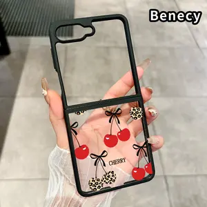 Cherry Bow Pattern Pattern Protective Case for Z Flip 7/6/5/4, Double Protection Transparent Silicone TPU Foldable Cover with Camera Lens Guard