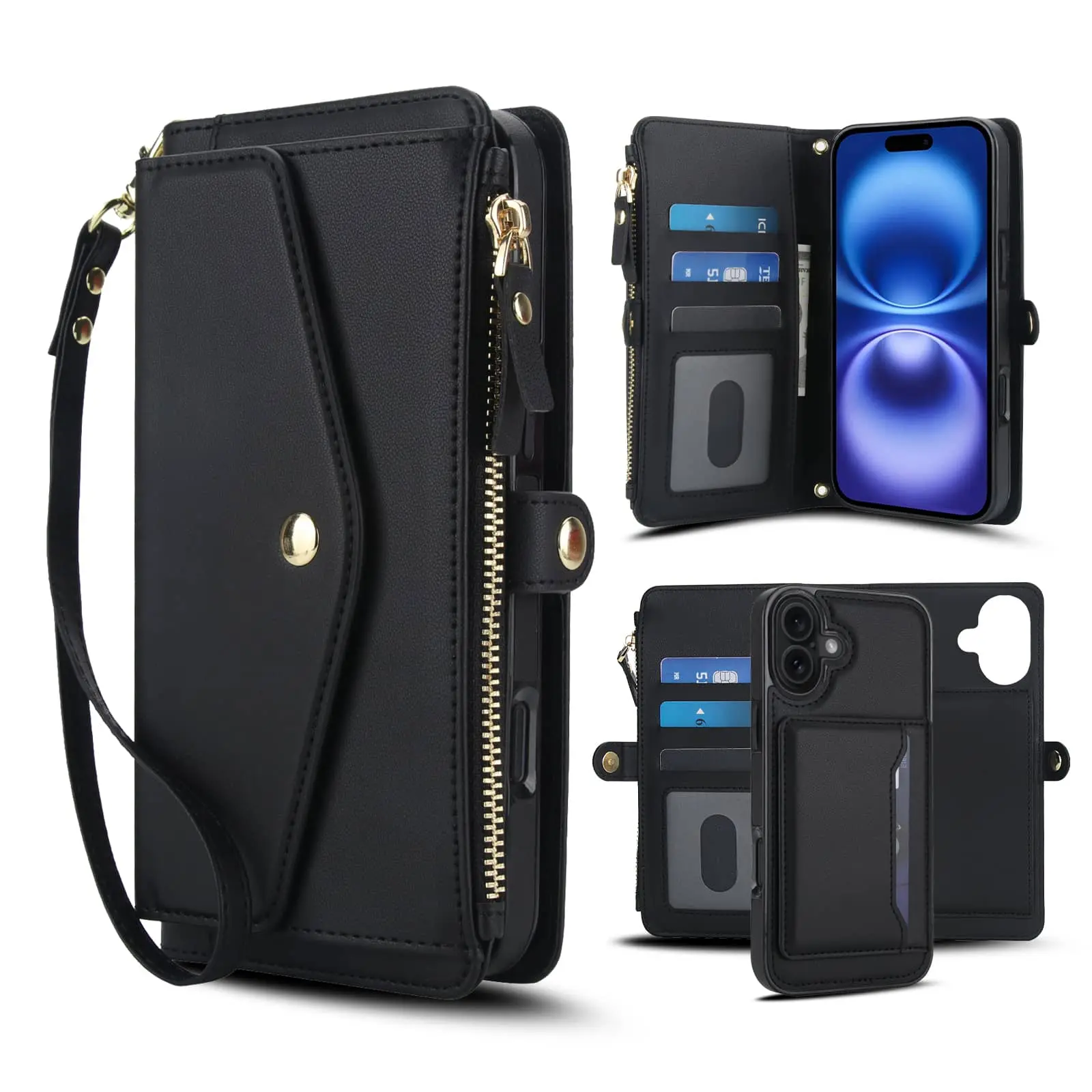 Phone case: for iPhone 17/16/15/14/13/12/11/ProMax/Air/Plus Air Wallet Case for Women, Support Wireless Charging with RFID Blocking Card Holder, Wallet Detachable Magnetic Phone Case Crossbody Strap