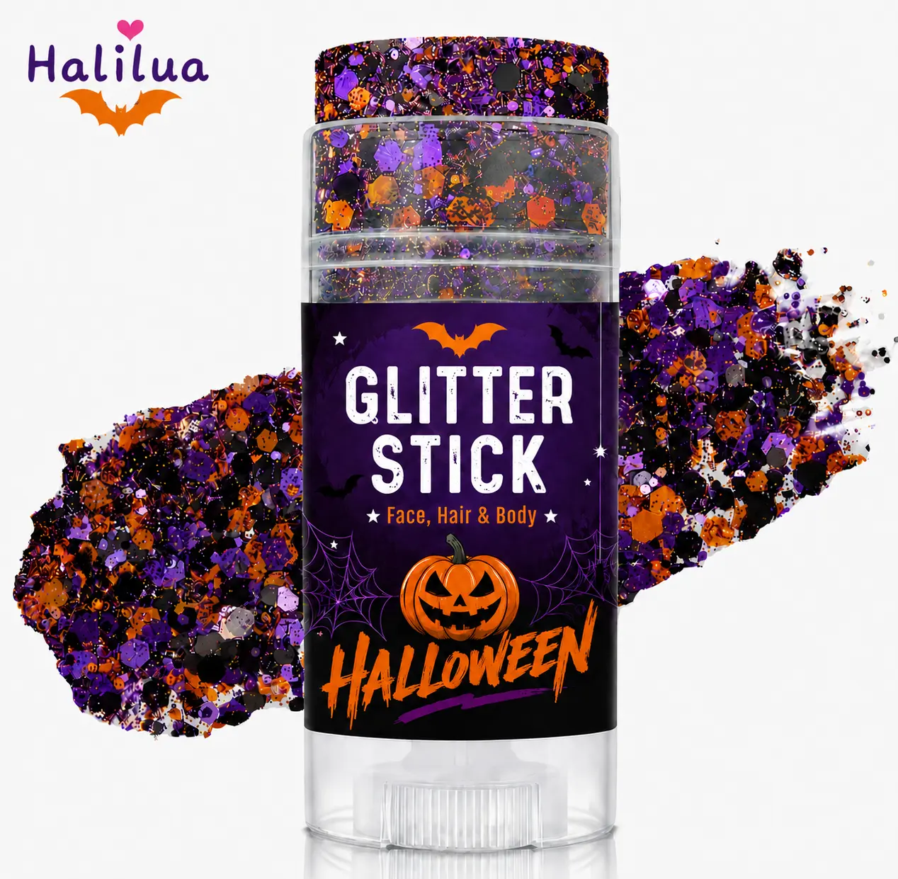 Halloween Glitter Stick for Face, Hair & Body, Sparkle Makeup Accessory with Red Black & Purple Orange Glitter Styles, Festive Party Look for Halloween Events, Festivals & Celebrations