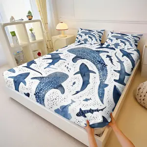 Ocean Theme Decorative Deep Sea Shark Bedding Set, Blue Ink Wash Style Marine Life Print Sheets & Pillowcases, Kids Bedroom Fun Bedding
