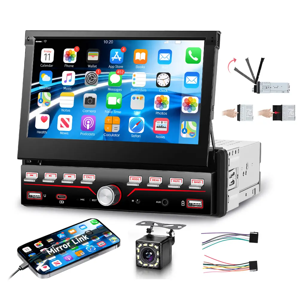 7 Inch Retractable Touch Screen Car MP5 Player Wired Mirror Link Bluetooth FM Radio Type-C USB Car Stereo 7 Inch Retractable Touch Screen Car MP5 Player Wired Mirror Link Bluetooth FM Radio Type-C USB Car Stereo
