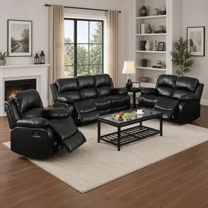 Black PU Leather Manual Recliner Sofa Set, Oversized Living Room Couch with Cup Holders, Hidden Storage & Padded Armrests