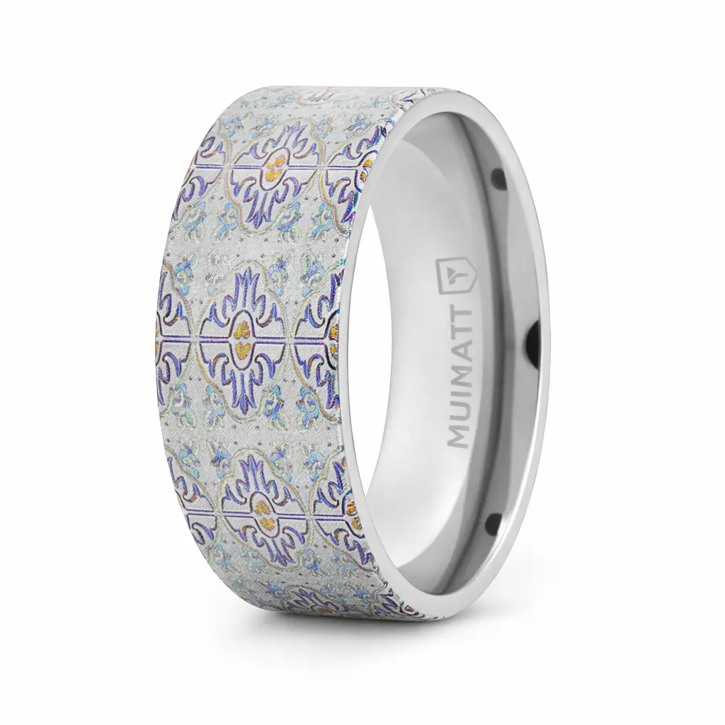 The Radiance Flat Titanium Ring with Multi Colored Engraved Cross Pattern 8mm