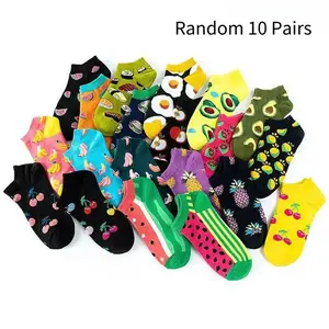 Random 10 Pairs Unisex Fruit Print Trendy Ankle Socks – Sweat-Wicking Vibrant Color Fashion Socks