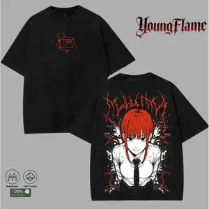 Men's Unisex Chainsaw Man Makima Graphic Tshirt - Retro 2000s Vintage Short-Sleeve Round Neck Washed Double-Sided Print Anime Merch, Casual Summer Garment, Festival Outfits