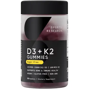 Sports Research® Vegan Vitamin D3 + K2 Sugar-Free Gummies - 125mcg (5000iu) Vitamin D w/ 100mcg Mk7 Vitamin K - Supports Bone & Immune Health* -  Vegan Certified · Non-GMO · Soy Free - 60 Count