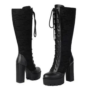 Women's Lace Knee High Platform Boots Chunky Block Heel Gothic Lace-Up Combat Boots
