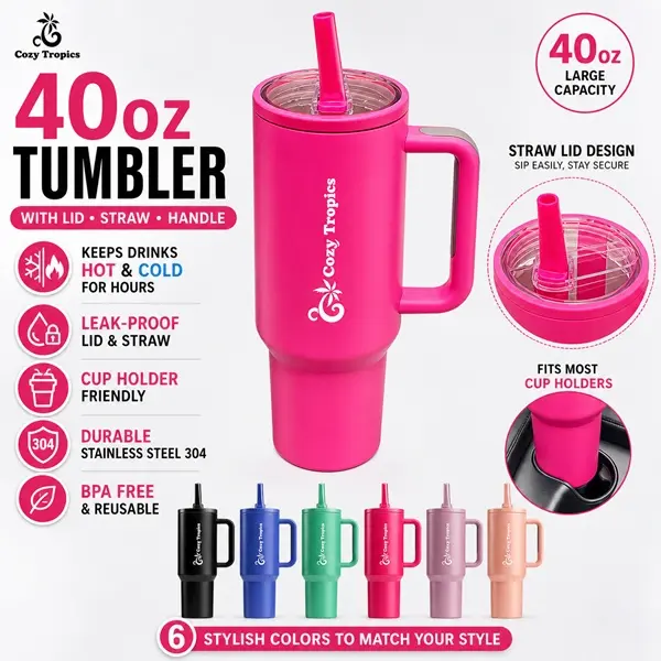 Cozy Tropics 40oz Insulated Stainless Steel Tumbler with Handle & Straw Lid, Double Wall Travel Mug, Leak-Resistant Large Capacity Cup Holder Friendly Water Bottle for Car, Gym, Office, Hot & Cold Drinks