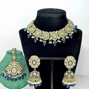 Bollywood Lara Stonework Necklace Set with Jhumka and Tikka Featuring Intricate Design