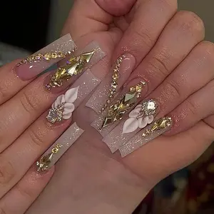 Press on Nails, Square Nails with Flower and Rhinestones Design, Perfect for Prom/Party/Holiday, Gift for Women (Khaki) QQPPOLIU