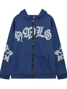 Women's Stylish Y2K Letter Print Destroyed Polyester Hoodie - Long Sleeve Unisex Oversized Zip-Up/Pullover, Harajuku Hip Hop Graphic Zip Up Hoodies, Couple Outfits, Autumn Winter Casual Outerwear for Jeans/Leggings