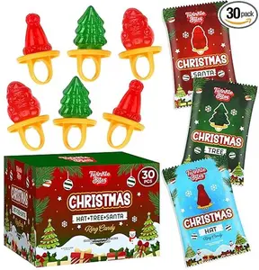 30 Pack Christmas Ring Candy – Individually Wrapped Holiday Themed Santa, Tree, Hat Lollipops – Strawberry, Green Apple, Tutti Frutti Delicious Flavors – Bulk Christmas Suckers Great Use, For Stocking Stuffers Kids Party Favor, Classrooms Partys,
