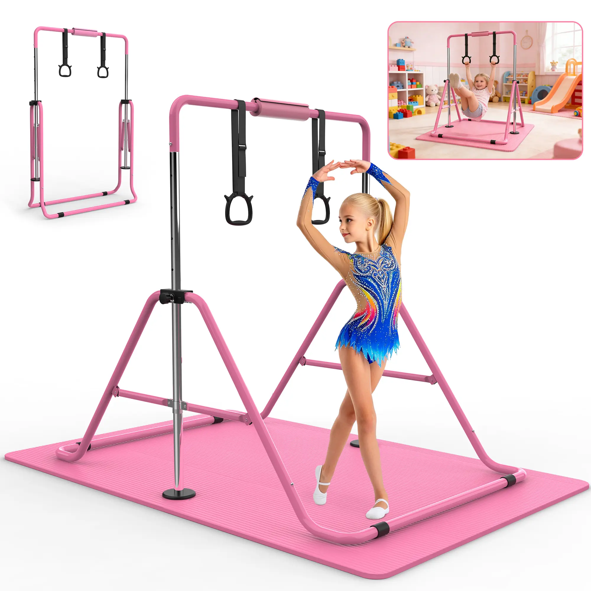 Dufominc Ultra-Stable  Gymnastics Horizontal Bar for  Safety, Heavy-Duty Foldable Steel Training Bar, Tool-Free Quick Assembly Design, Complete with Anti-Slip Protective Mat, Adjustable Height Gym Bar for Indoor Home Practice